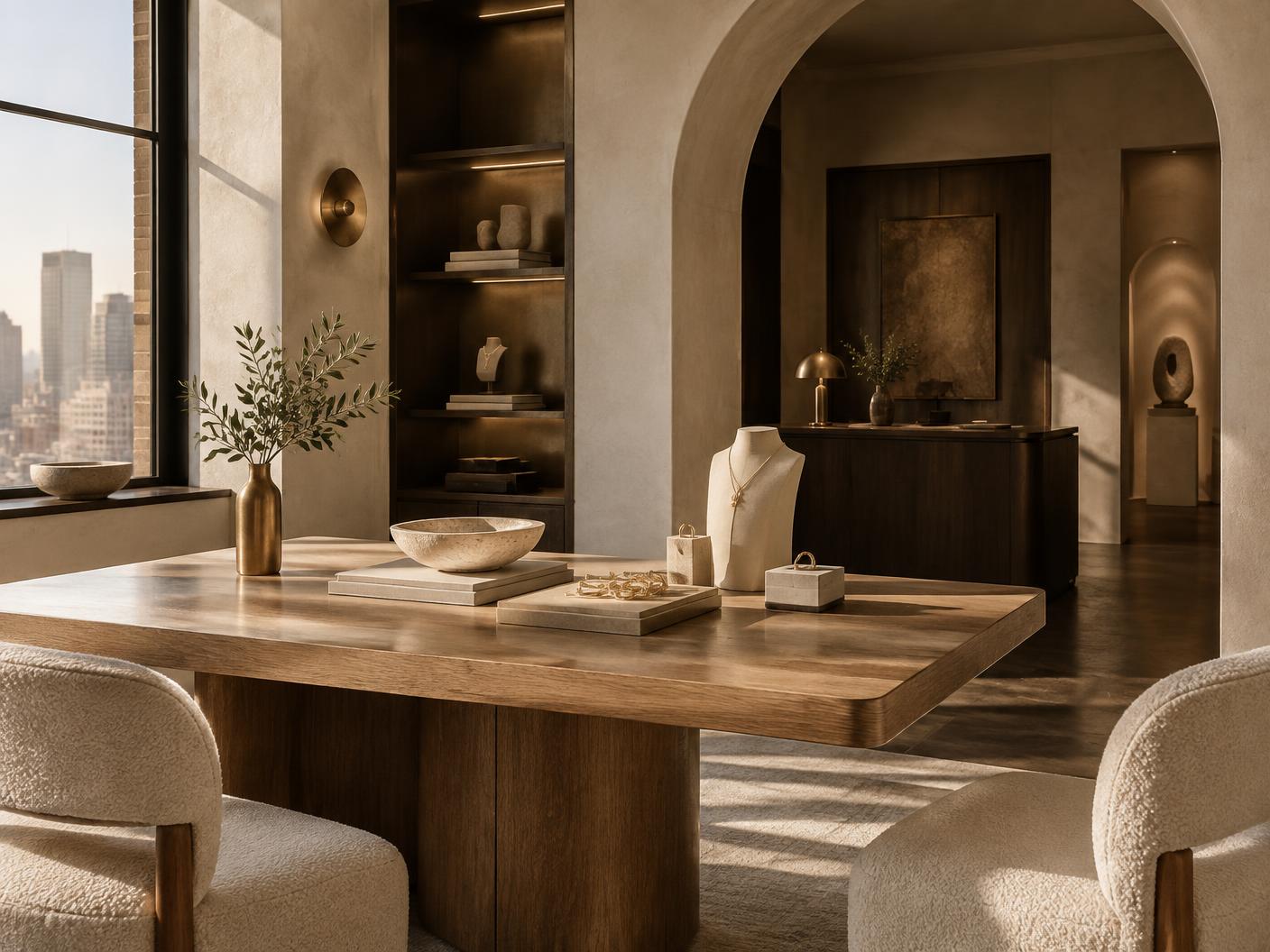 Warm architectural jewelry atelier interior
