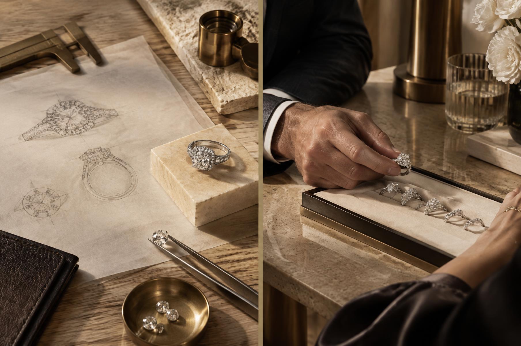 Bespoke jewelry design process with sketch, calipers, and diamond